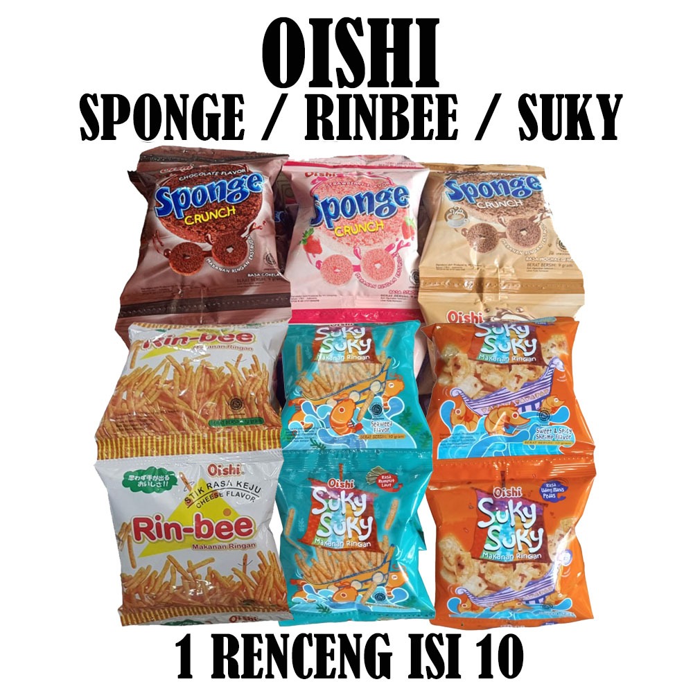 

SNACK OISHI SPONGE / RINBEE / SUKY / UDANG PEDAS / POPPY / KRIUK RENCENG ISI 10