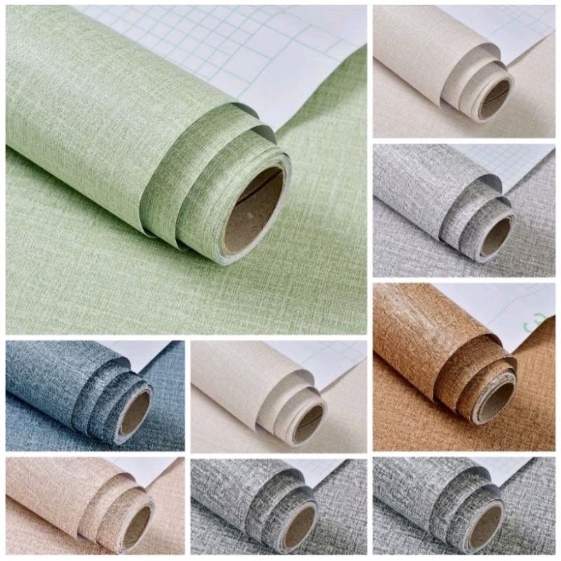 wallpaper dinding stiker motif polos serat kain abu putih krem hijau biru pink coklat dekorasi