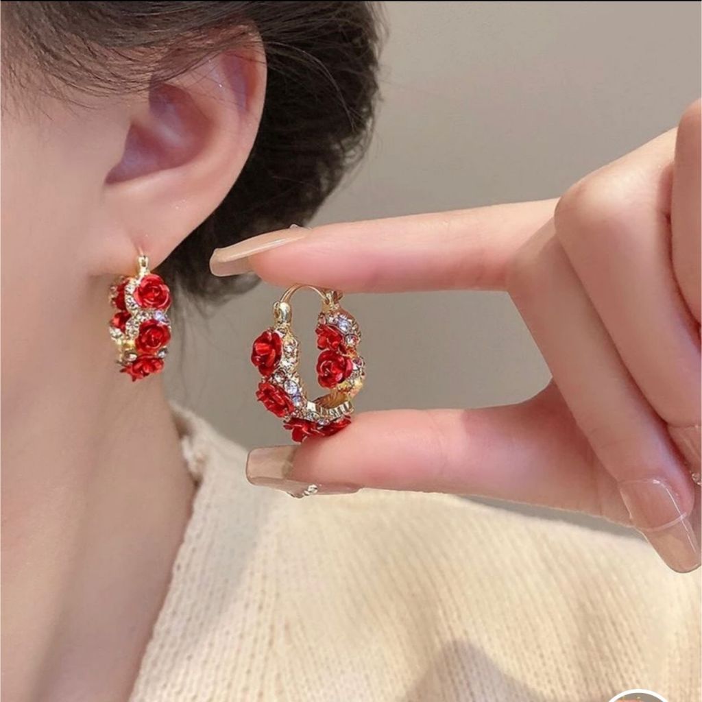 Anting Bulat Bunga Merah Aksesoris Perhiasan wanita Anting Pesta AT745