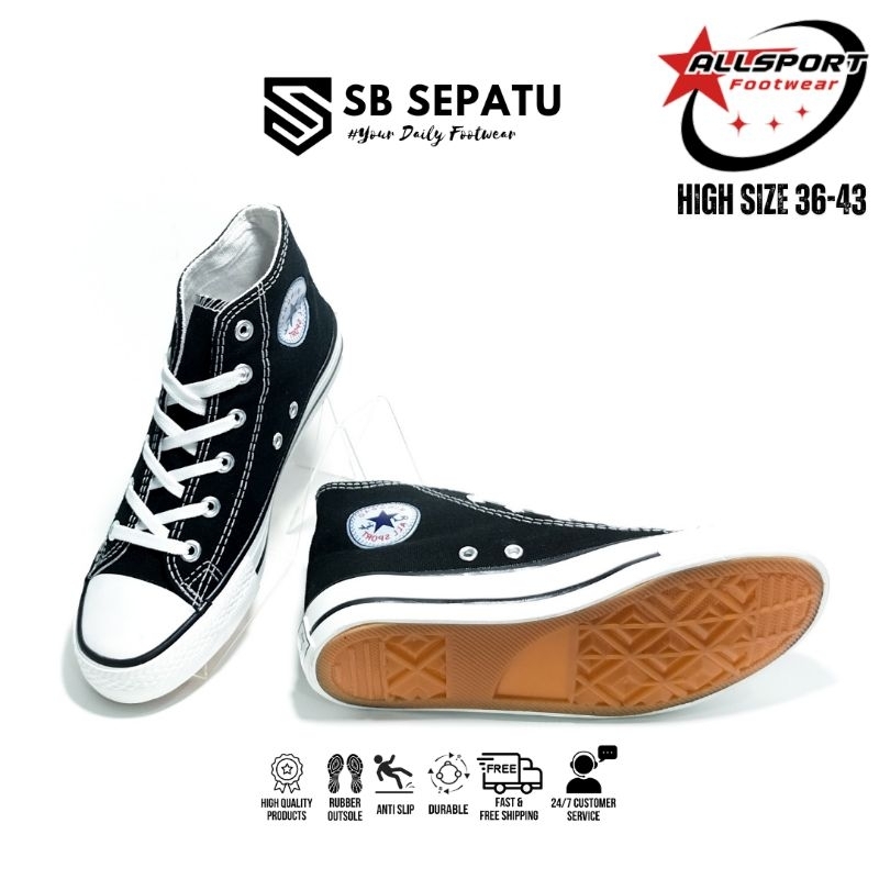 All Sport Mingbao 70s HIGH BLACK T77-H02 || Sepatu Sekolah Unisex Tinggi Hitam Putih Elastis || Sepa