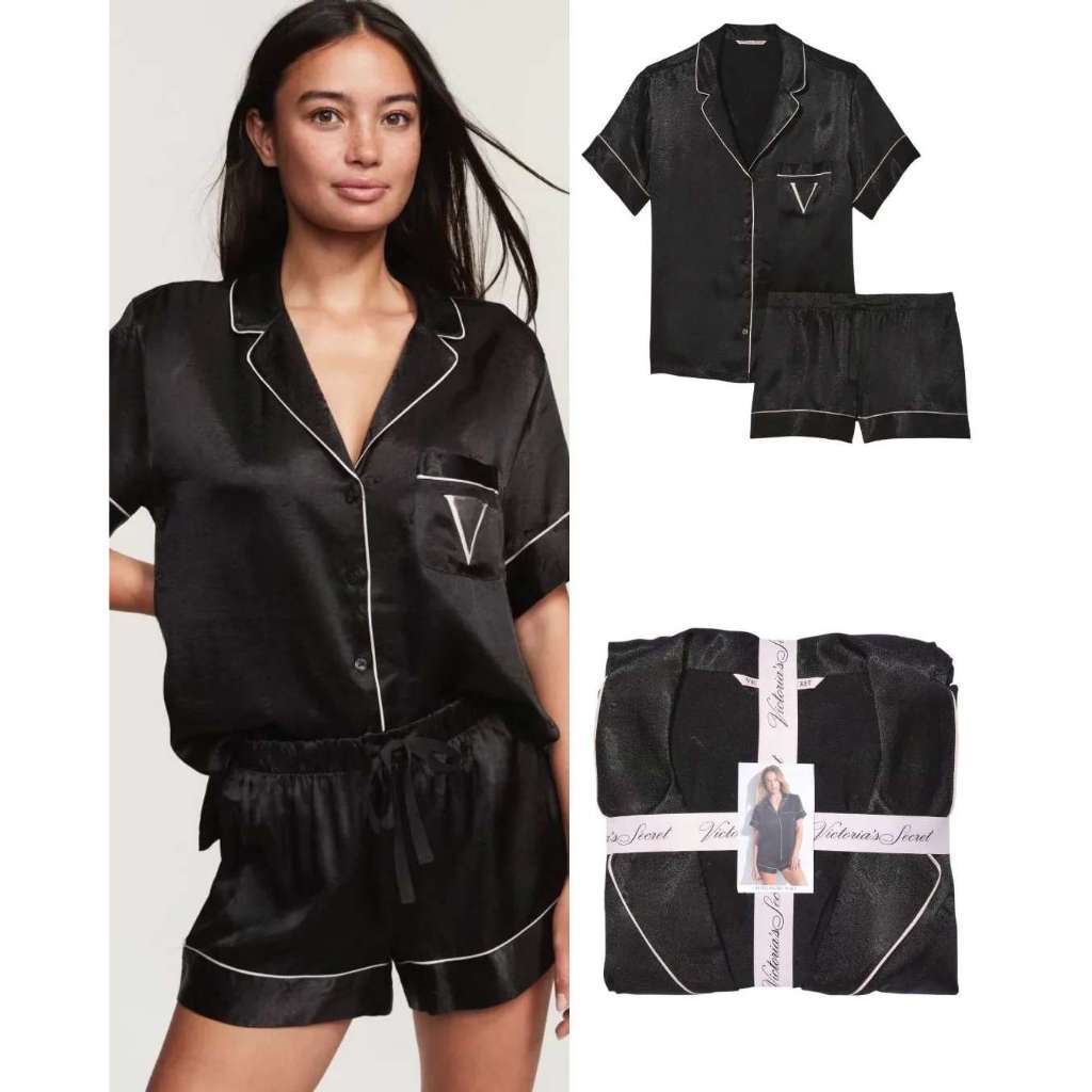 Baju Tidur Piyama Wanita VictoriaSecret Logo Silk Short Pajamas Set