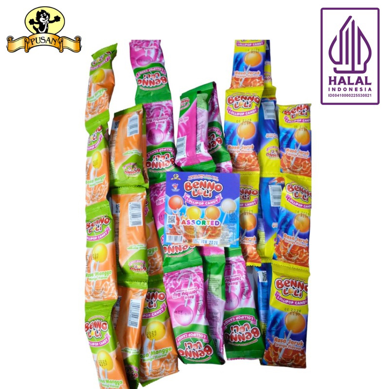 

PUSAN BENNO LOLI LOLLIPOP CANDY RENCENG 180gr ISI 30pcs (RASA JAMBU BIJI, MANGGA, JERUK)