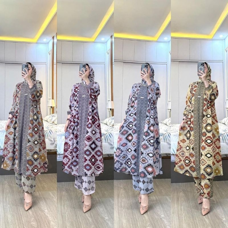Setelan Tunik 3 in 1 One Set Tunik Kajolia Setelan Kulot Long Tunik Jumbo Mix Crinkle Oneset Hijab C