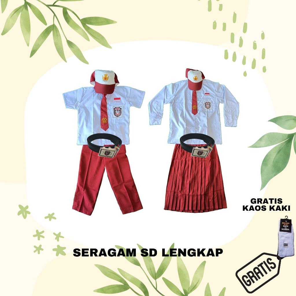 Seragam Sekolah SD 1 SET LENGKAP Kemeja Putih Rok Span Merah Dasi Topi Sabuk Bet SD Gratis Kaos Kaki