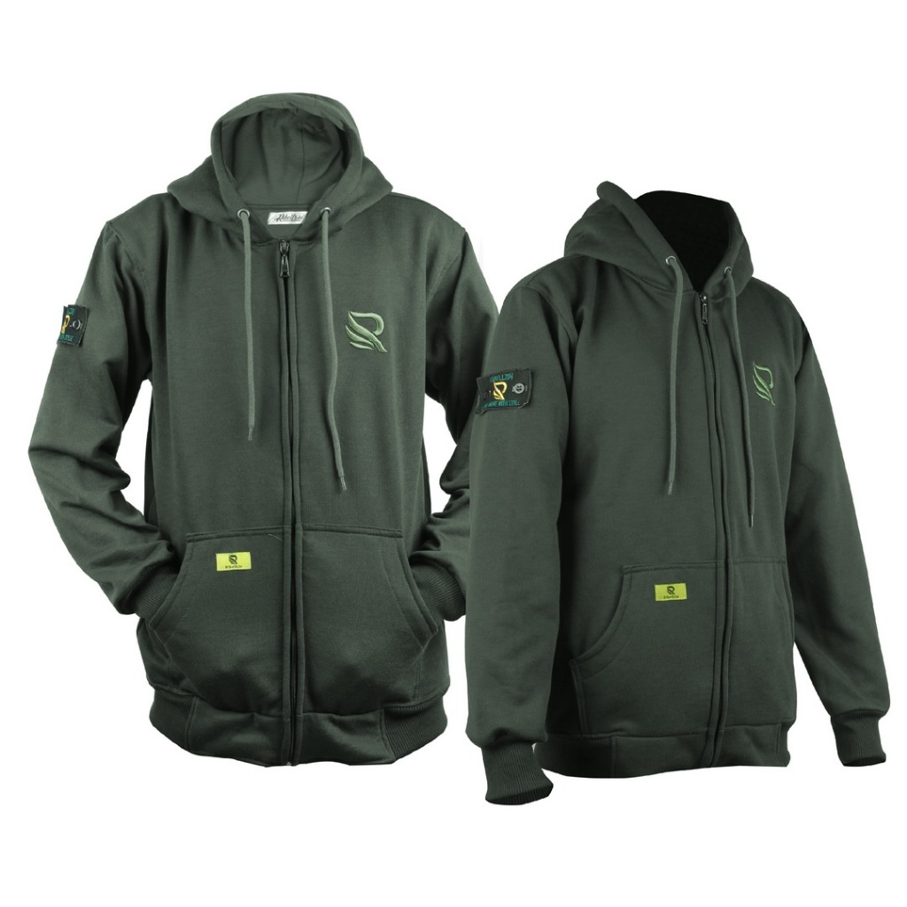 Ribellzin Zipper Hoodie Bordir Bahan Fleece Pria Wanita Warna army
