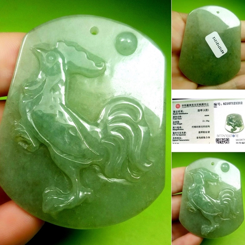 Giok Asli Jadeite Burma Type A Rooster Shio Ayam Green Necklace Kalung Liontin Giok Hijau Myanmar Ci