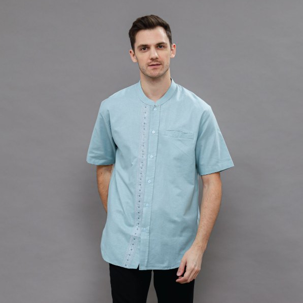 LOA STUDIOS - Baju Koko Kemeja Pria Bordir Lengan Pendek Tosca Muda - Issa