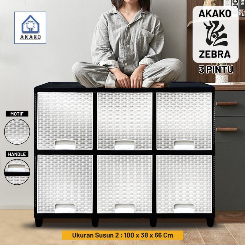 LEMARI PLASTIK AKAKO ZEBRA 3 PINTU 2 SSN/3 SSN HITAM PUTIH