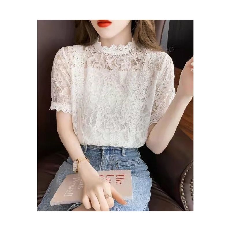 blouse wanita brukat putih cantik korea lengan pendek elegant