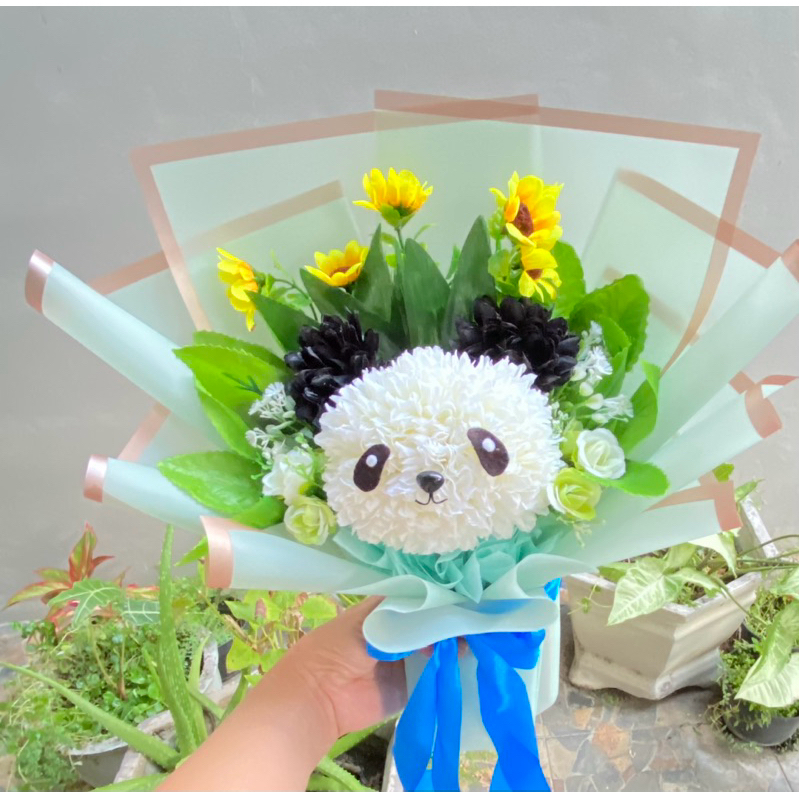 Hand Buket Bunga Artificial Panda flower | Buket Wisuda Ulang Tahun Anak Pacar Snack Bunga Uang Kado
