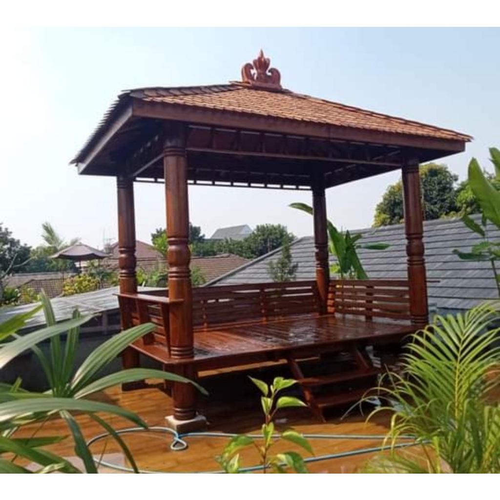 Gazebo Rooftop Kayu Kelapa Ukuran 3x2 Meter Atap Model Kerucut | Rumah Kayu Model Tingkat