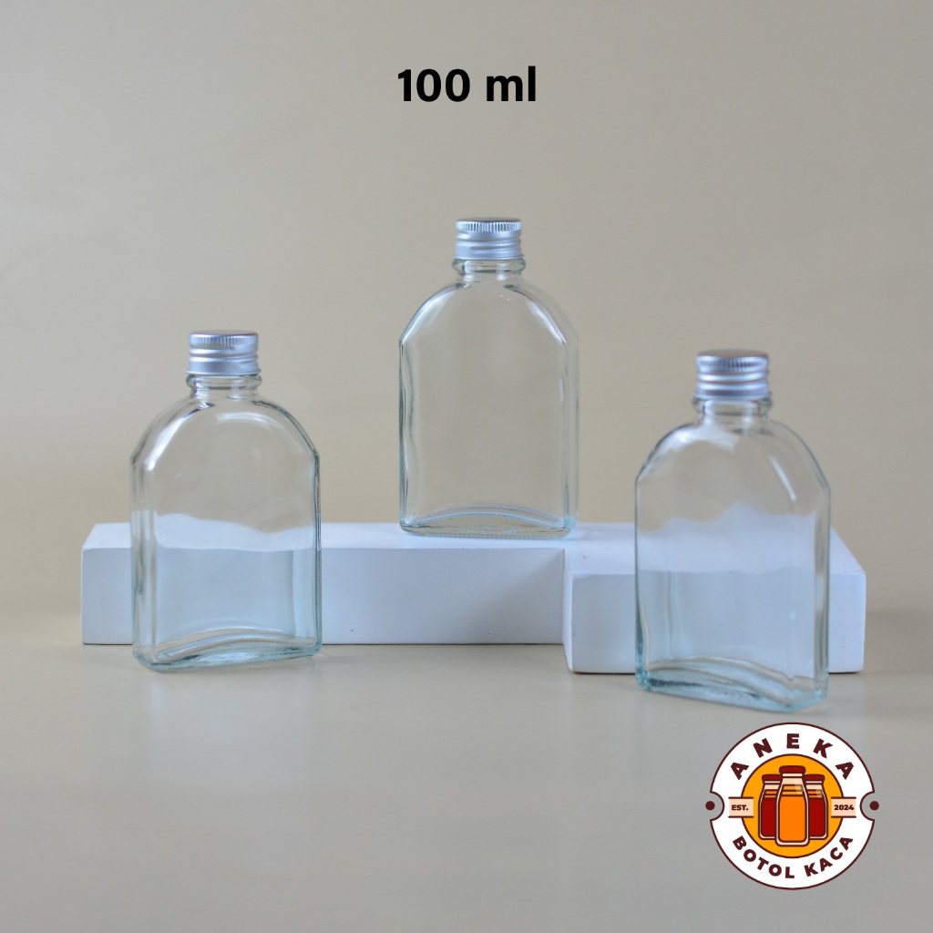 Botol Kaca Gepeng 100ml Botol Minuman Juice Kopi Susu Isi Ulang Kotak Gepeng Tutup Silver Ulir Botol