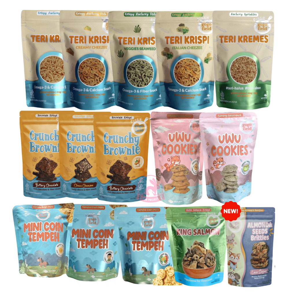 

12+ GOGOFIELD TERI KRISPI 30G/UWU COOKIES/CRUNCHY BROWNIE 50G/TEMPEH/KING SALMON/SNACK SEHAT NON MSG