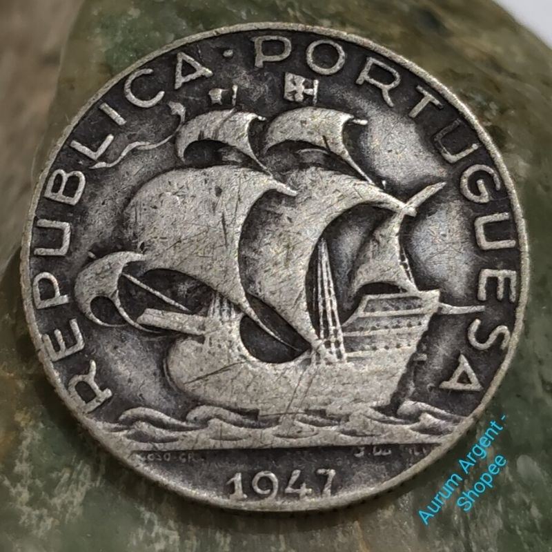 SKK.1-- 1 PC KOIN PERAK KUNO ASLI 2.50 ESCUDOS REPUBLICA PORTUGUESA TH 1947. -- SILVER COIN --