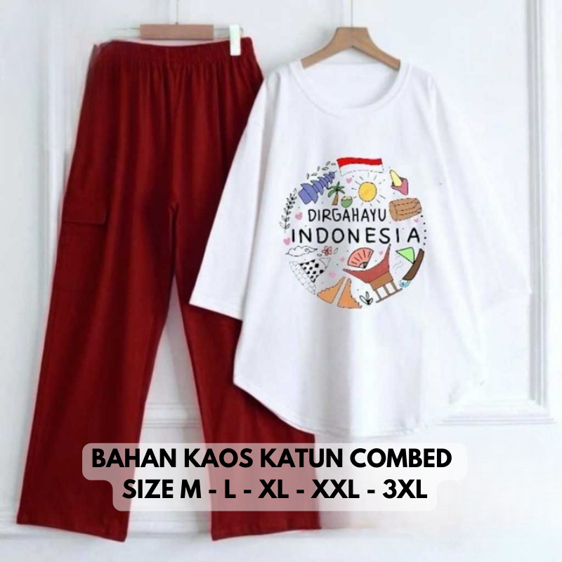 One Set Wanita Kekinian Merah Putih Set BO Bahan Kaos Katun Combed 24s Aplikasi Sablon Size M L XL X