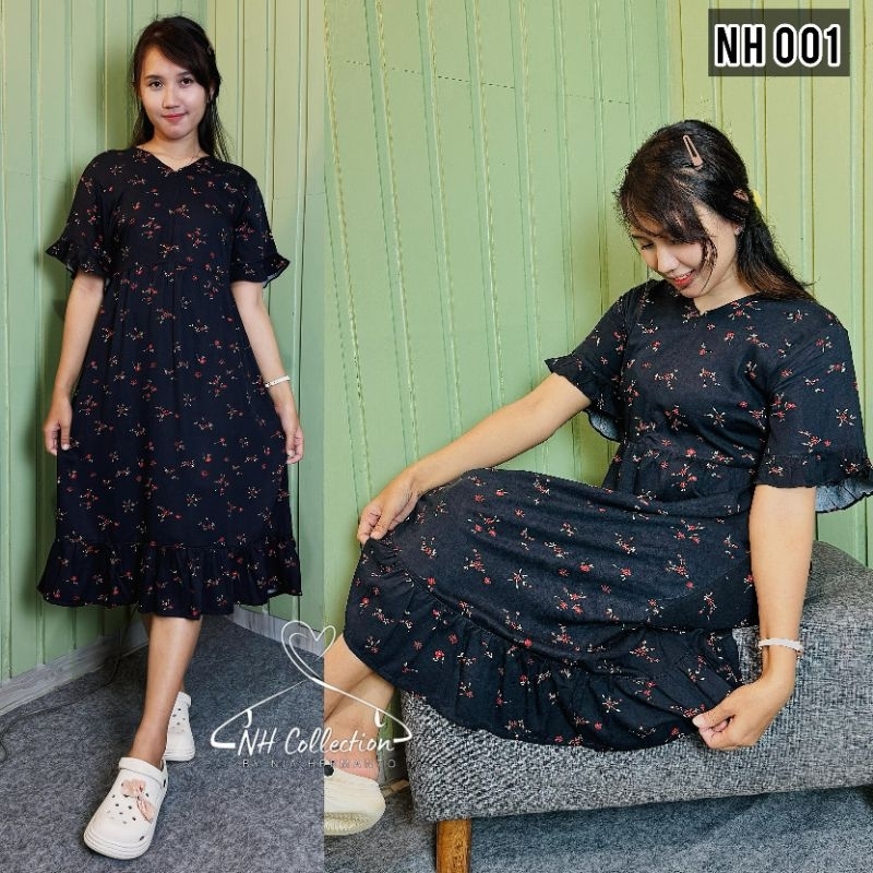 HOME DRESS MODEL KOREAN STYLE bahan Rayon Twill Busui,,Harga murah Ruffle bawah lengan pendek