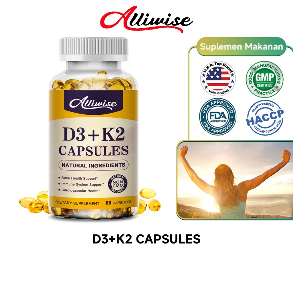 ALLIWISE USA 120pil Vitamin D3K2 5000 IU KapsUl Gigi dan Tulang & Jantung mencegah nyeri sendi