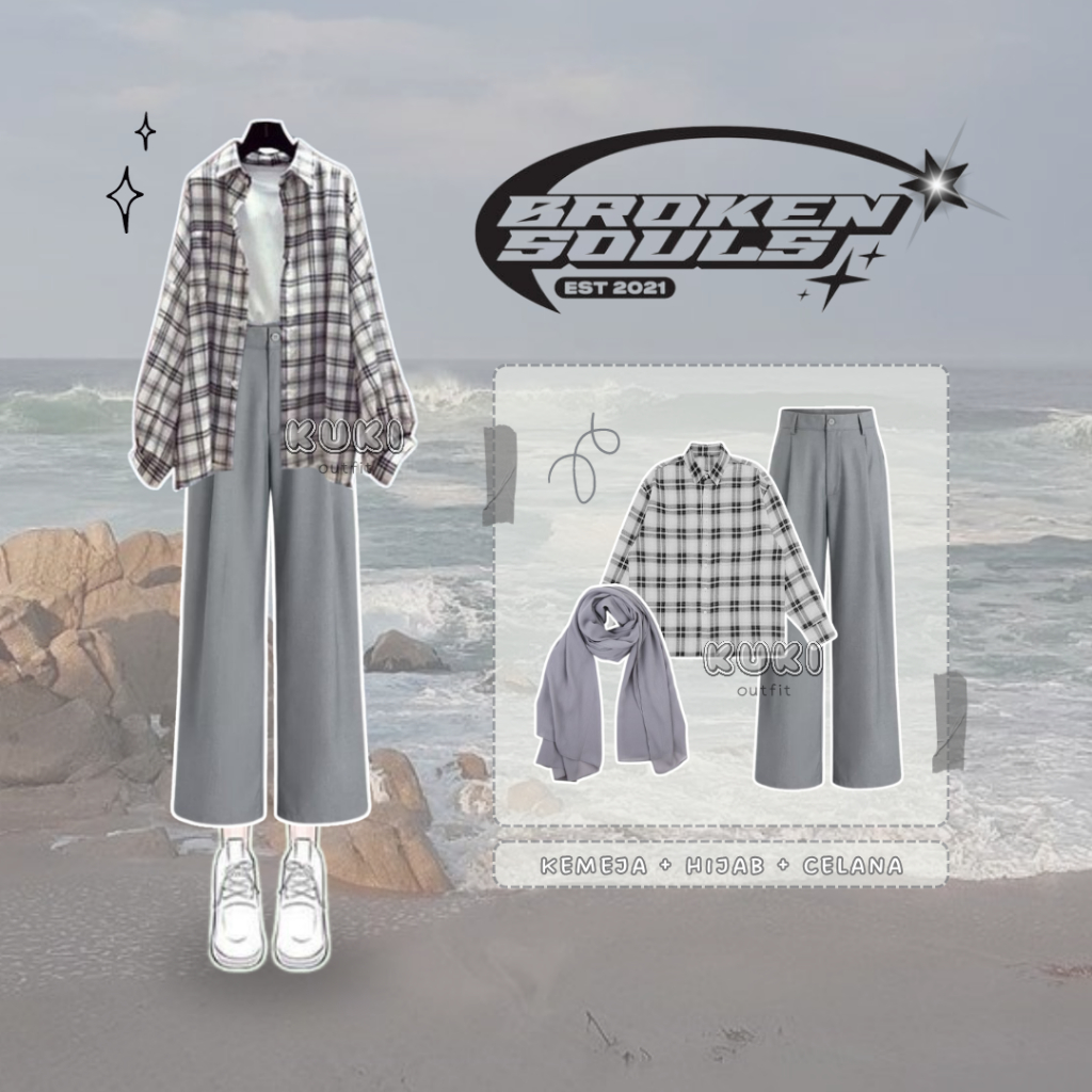 One Set Wanita Korean Style (Kemeja Flanel Hijab Pashmina Celana Kulot) Outfit Hijab OOTD - KK80