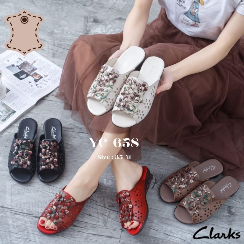 Sandal Clarks YC658 Flowers Leather 3,5cm / sendal wanita kulit asli wedge 3,5cm
