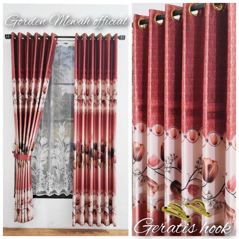 gorden jendela kamar tidur motif bunga tulip merah model semokring 12 lubang Ring