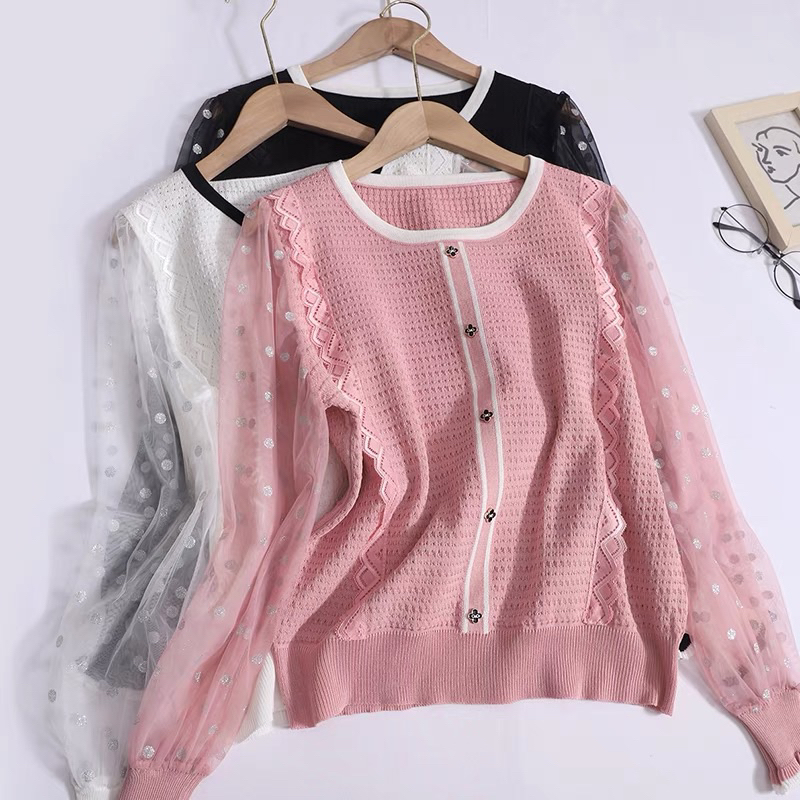 ATASAN RAJUT WANITA (Syafa lengan polkadot) Baju Rajut Wanita Kaos Import Wanita Lengan Panjang