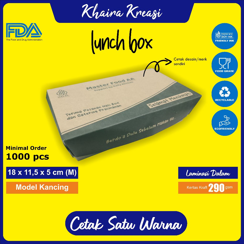 

Cetak Custom Lunch Box / Dus Mie Goreng / Dus Ayam Geprek / Ukuran18x11x5 cm (M) Minimal 1000 Pcs / Cetak 1 Warna