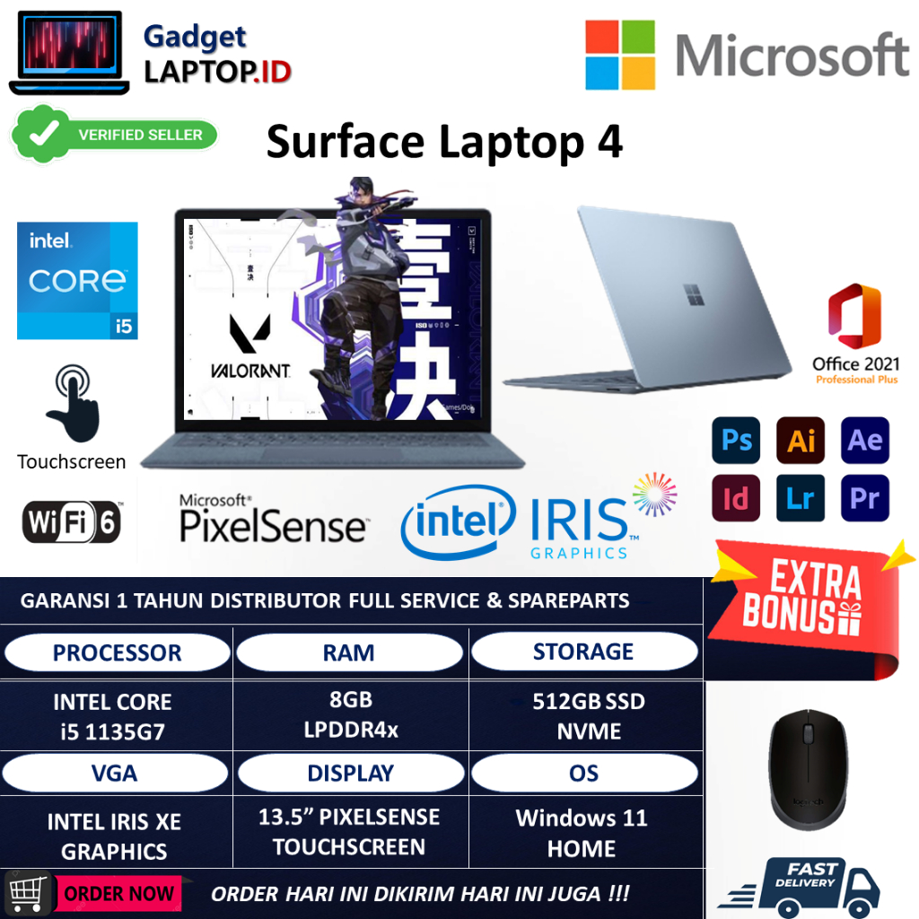MICROSOFT SURFACE LAPTOP 4 INTEL I5 1135G7 8GB 512GB 13” PIXELSENSE TOUCH BACKLIT WINDOWS 11 HOME