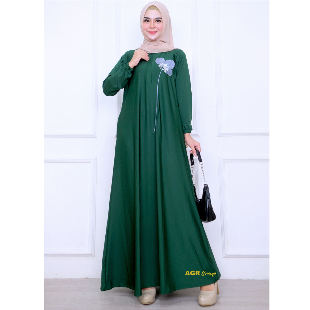 Gamis Simpel Bahan Jersey Livina Premium  Motif Bunga Bordir Busui Size XL LD 106 Sampai 110