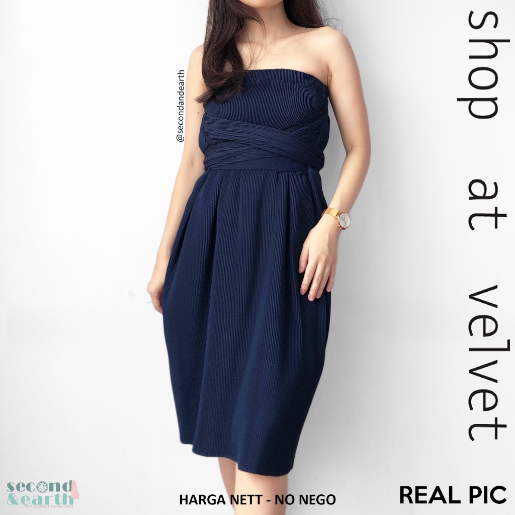 Shop At Velvet Dress (XS-M) Terusan Kemben Tanpa Lengan Wrap Multiway Plisket Biru Dongker Polos Str