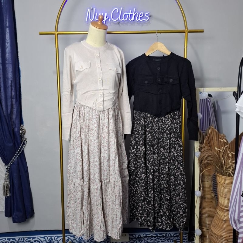 Midi Dress Rajut Kombinasi Plisket Import by Zara Women / Outfit Midi Dress Wanita / Midi Dress Raju