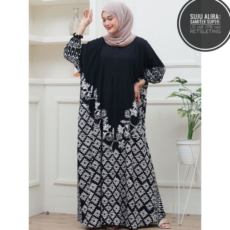 GAMIS SUJU ALIRA MONOCHROME Hitam Putih Dress Ld 156 Pb 140 Super Jumbo Busui Reseleting Depan Batik
