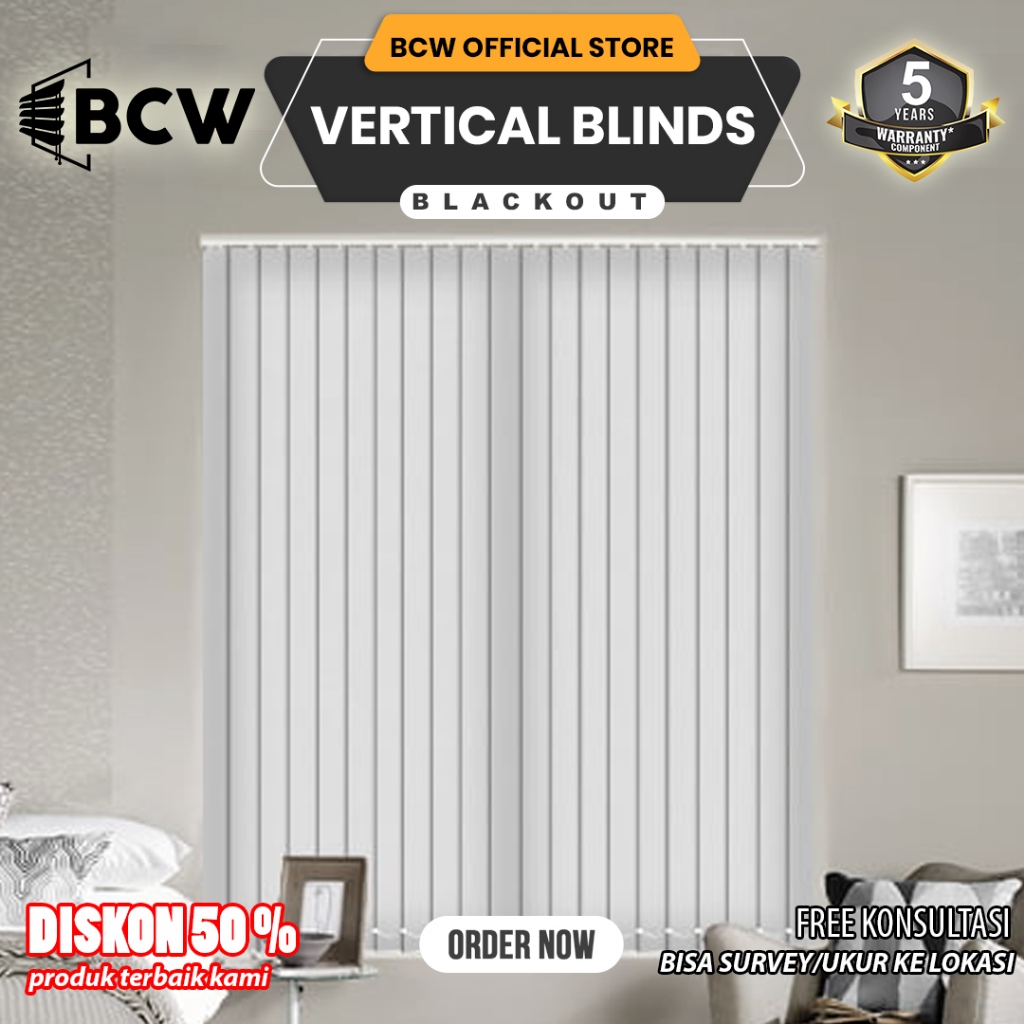BCW - Vertical Blinds Indoor Blackout 100% - Custom Ukuran - Tirai Jendela Gulung/Kerai - Tirai Mini