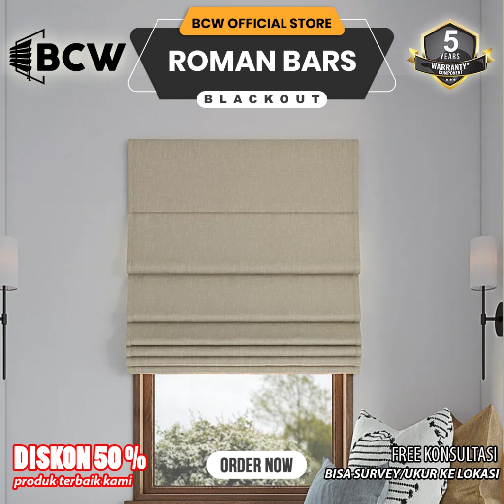 BCW - Roman Bars Blind Indoor Blackout 100%  - Custom Ukuran - Tirai Jendela Gulung/Kerai - Tirai Mi