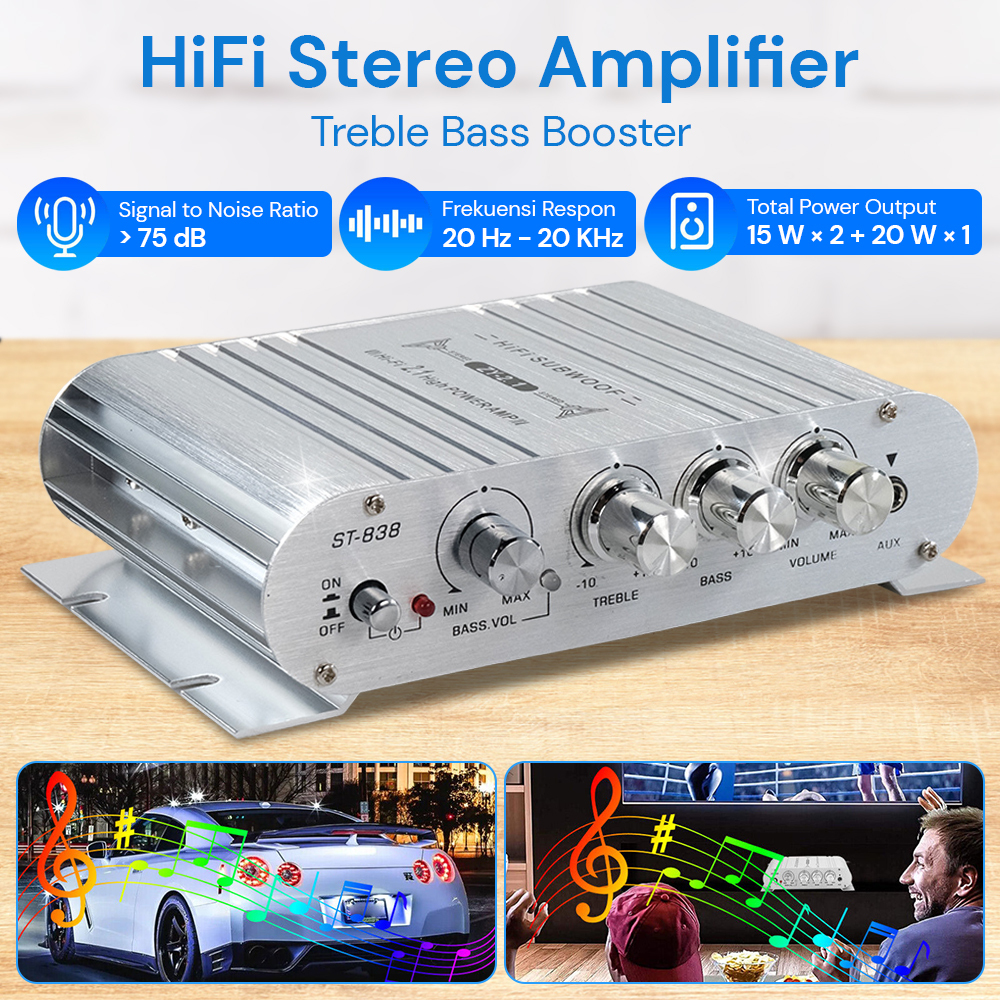 Amplifier Mini - Amplifier mobil - Mini HiFi Stereo Amplifier Treble Bass Booster - ST-838 - Silver