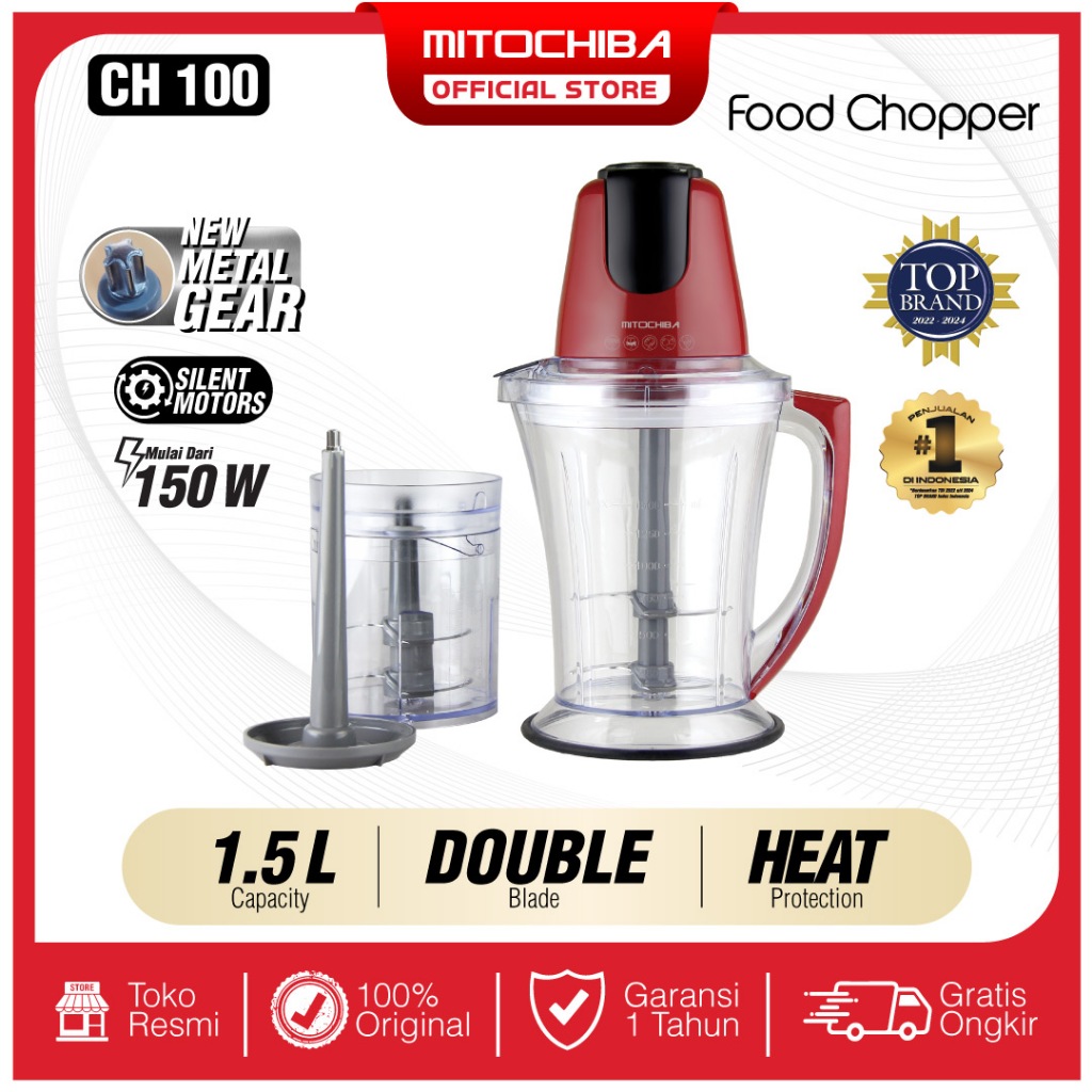 MITOCHIBA Food Chopper CH100 Blender 1.5L Alat Penggiling dan Penghalus Bumbu - RED RUBBY