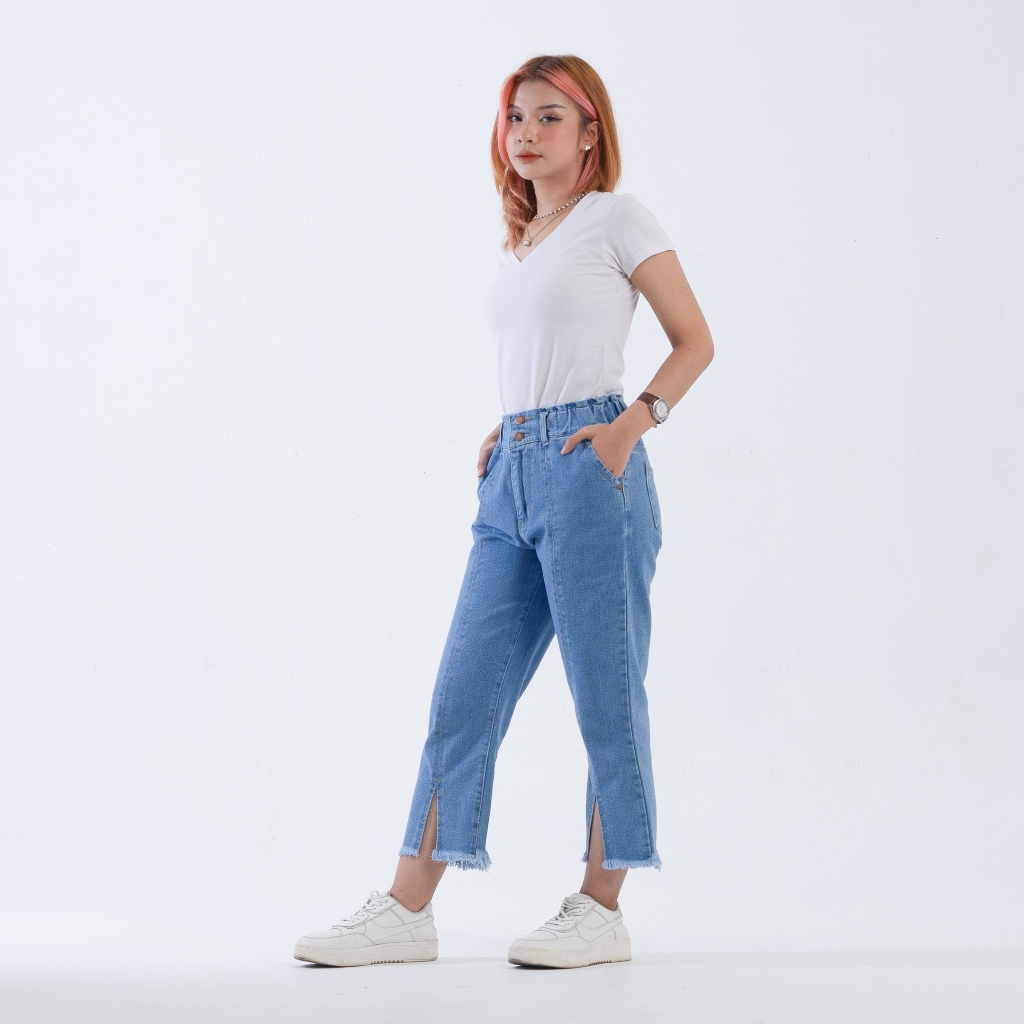 DLINE Celana 7/9 Boyfriend High Waist Jeans Rawis Wanita Pinggang Belakang Karet Baggy