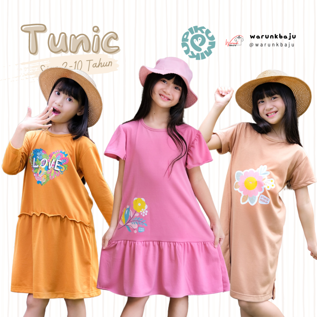 Kaos Tunik Anak Perempuan Tunic Pikumiku Bahan Katun Baby Terry Size 2-10