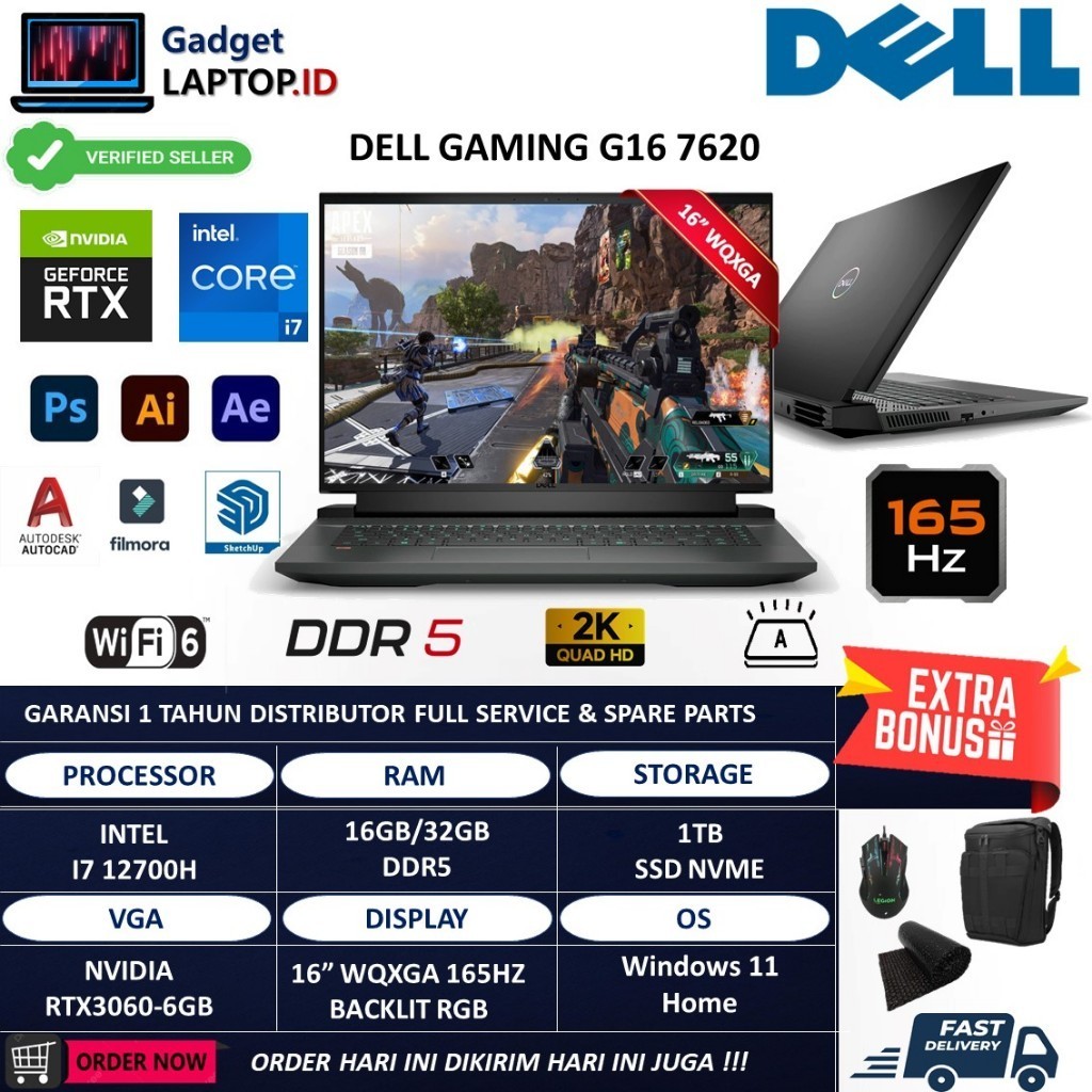 Laptop dell gaming G16 7620 Intel core i7 12700H ram 16gb ddr5 1tb ssd rtx3060 wqxga 165hz backlit r