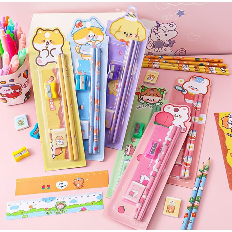

STT Stationery set 5 in 1 Alat Tulis Anak Sekolah Penghapus, Pensil, Penggaris dan Serutan Lucu banget