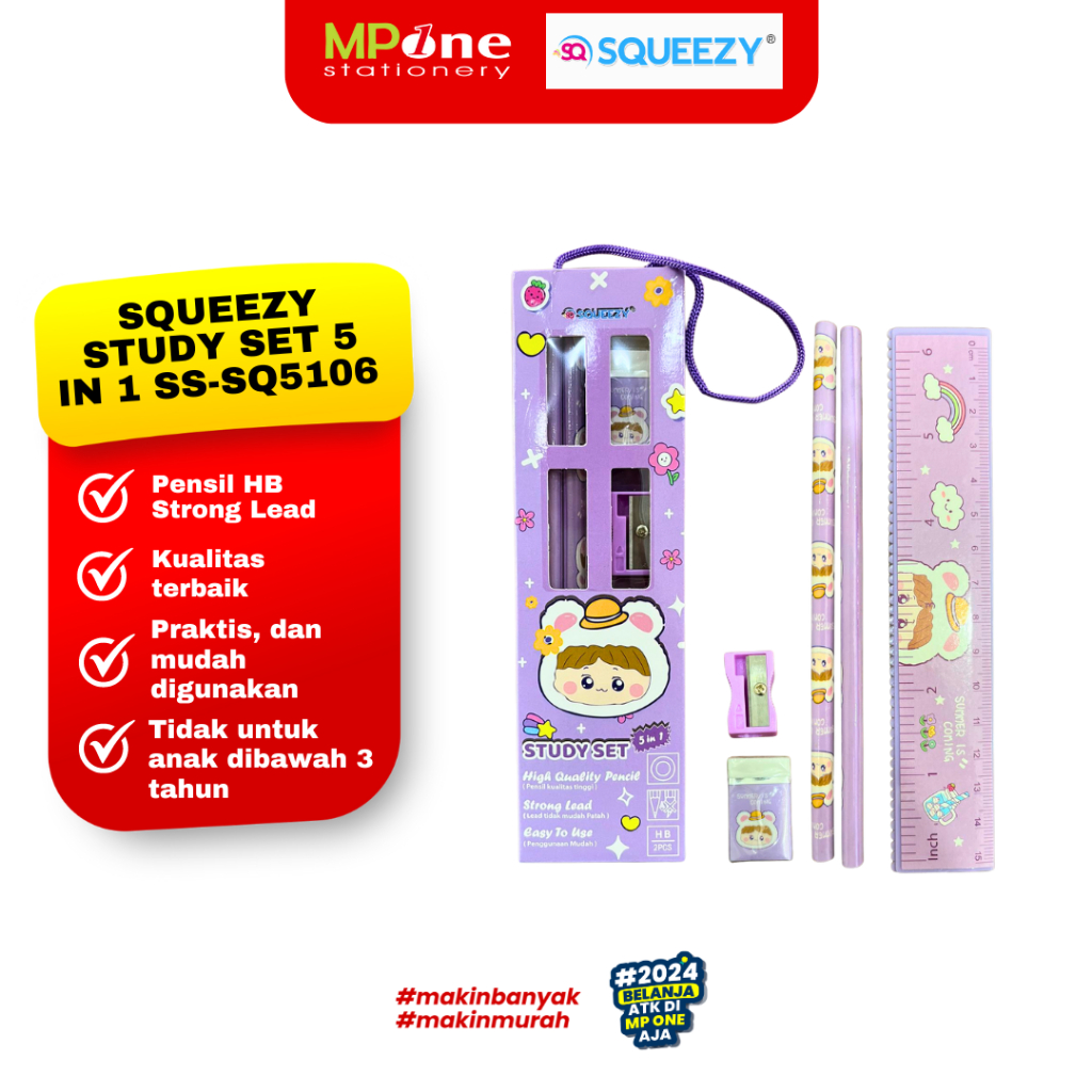 

SQUEEZY STUDY SET 5 in 1 Set Alat Tulis Anak 5 in 1 Motif Kartun Lucu