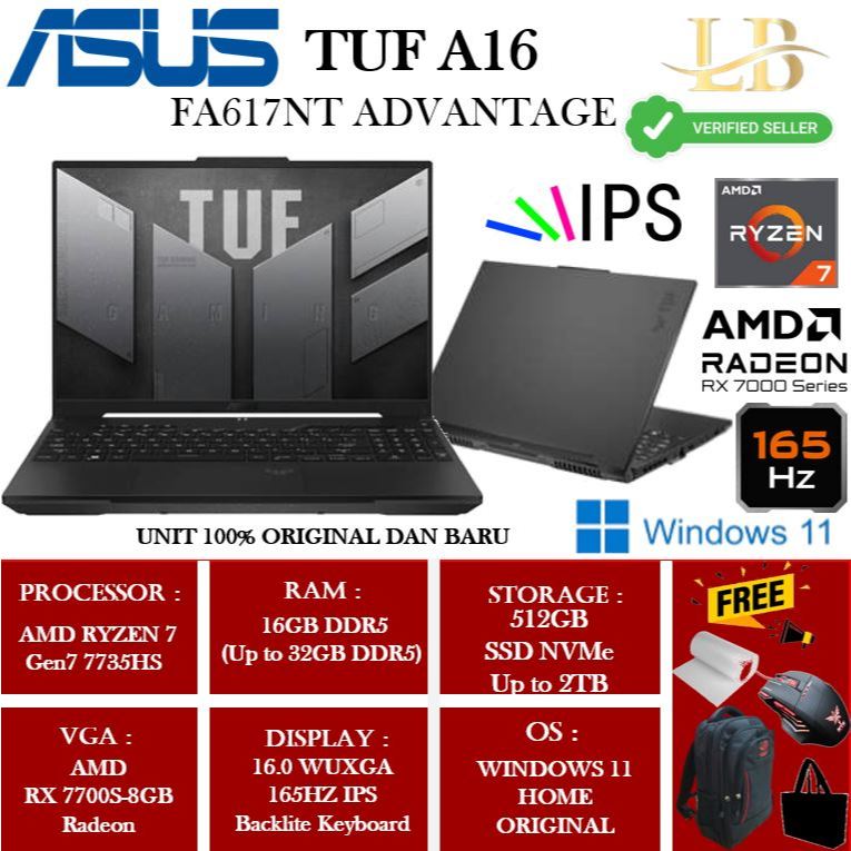 Laptop Gaming Asus TUF A16 FA617NT ADVANTAGE AMD Ryzen 7 7735H RX7700S-8GB 16" WUXGA 165Hz Win11