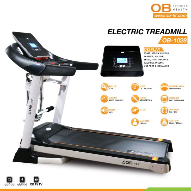 OB-1028 Treadmill Motorized DC 3 HP Max User 140 kg | Multimedia Support USB Port & Audio Jack | Aut