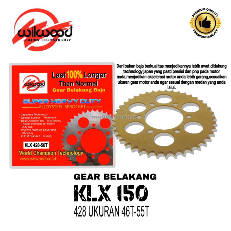 Gear belakang KLX 150/KLX 150 BF/DTRACKER Type 428 ukuran 46T-55T Wilwood warna Gold