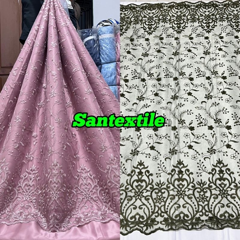 Kain Tile Bordir Pinggiran Gliter Mutiara/Tile Bordir Mutiara/Bahan Kebaya