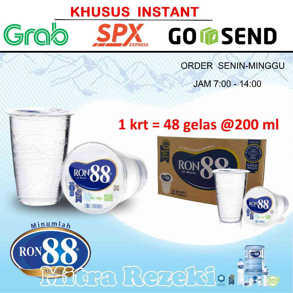 

RON88 200ml Gelas 1 Dus=48pcs AIR MINUM MINERAL RON 88 KEMASAN GELAS CUP