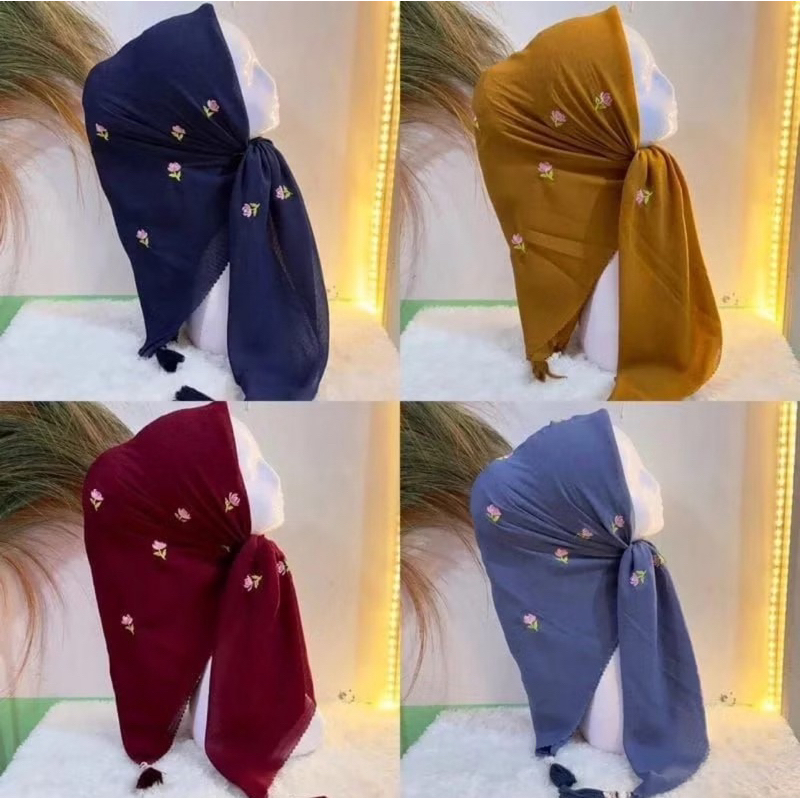 hijab bordir tulip, segi 4 sulam, hijab tasel mutiara, ruby pottonstar premium, segi empat bordir, s