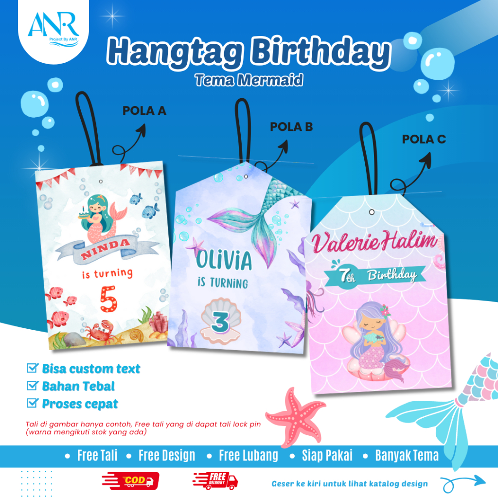 

D67 Hangtag Birthday Mermaid Custom | Hang Tag ulang tahun anak tema putri duyung under the sea label bingkisan goodie bag souvenir birthday baby born bisa cod free custom free tali