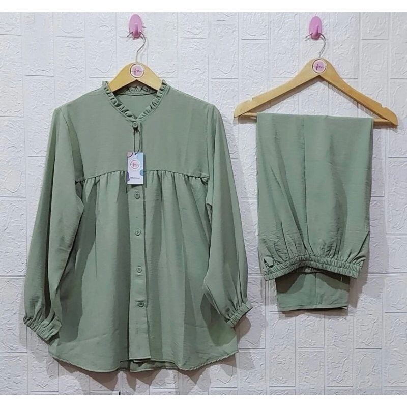 One Set Wanita Rayon Crinkle Airflow - Setelan Wanita Rayon Crinkle Airflow - Baju Harian Santai Bus