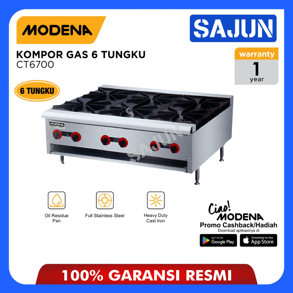 Modena Kompor Gas 6 Tungku - Burner Gas Top Portable - CT 6700 Pass