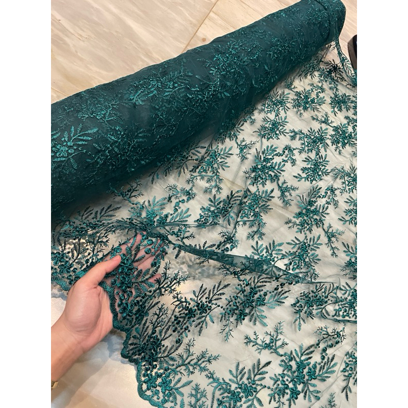 Bahan Kain Kebaya Bordir Tile Brokat Alana Warna Hijau Emerald